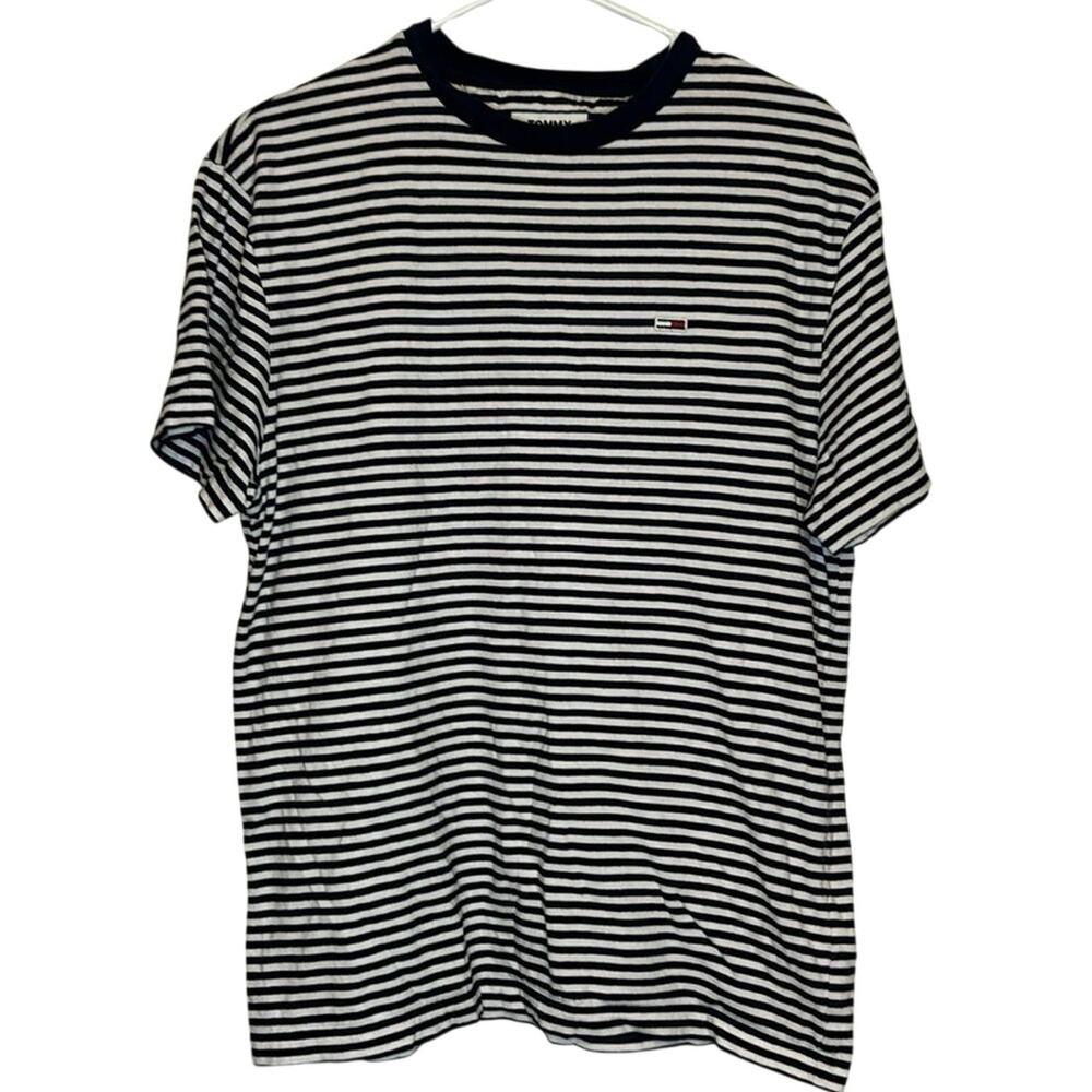 Tommy Jeans Black White Striped Ringer T-Shirt Flag Logo Small